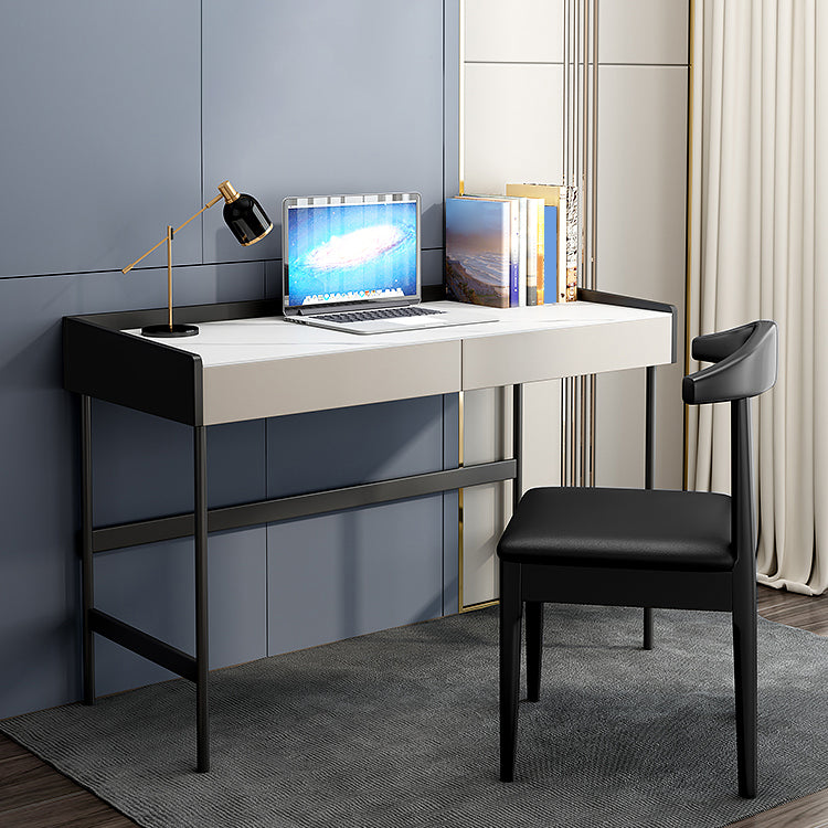 Modern Stone Rectangular Writing Desk 2-Drawers White Office Desk with H-Base Clearhalo 'furn' 'furn_office_desk' 'Furniture' 'Office Desks' 'Office Furniture' 'office_desk' 7169772