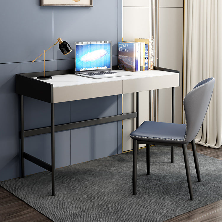 Modern Stone Rectangular Writing Desk 2-Drawers White Office Desk with H-Base Clearhalo 'furn' 'furn_office_desk' 'Furniture' 'Office Desks' 'Office Furniture' 'office_desk' 7169773