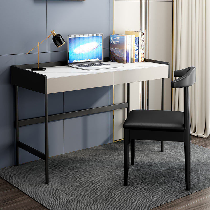 Modern Stone Rectangular Writing Desk 2-Drawers White Office Desk with H-Base Clearhalo 'furn' 'furn_office_desk' 'Furniture' 'Office Desks' 'Office Furniture' 'office_desk' 7169774