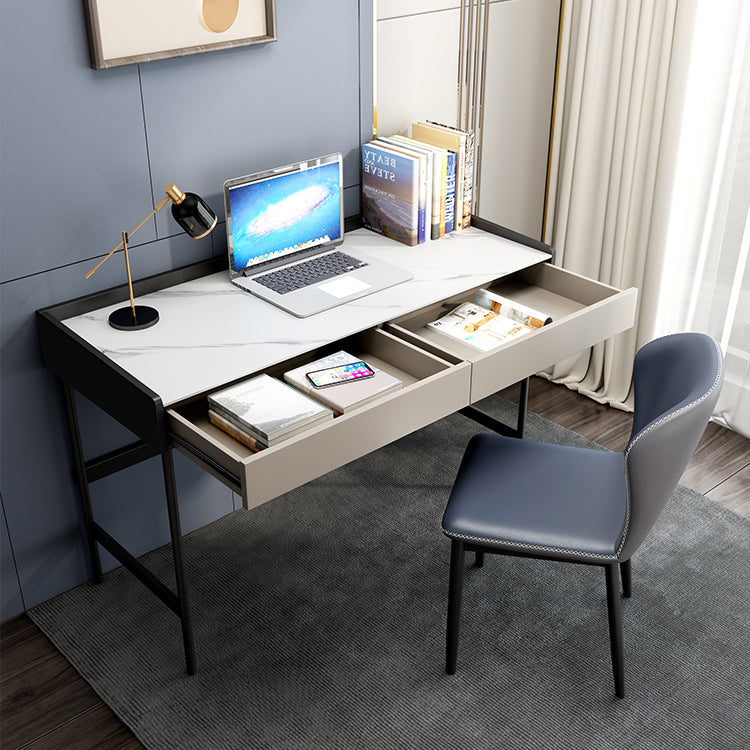 Modern Stone Rectangular Writing Desk 2-Drawers White Office Desk with H-Base Clearhalo 'furn' 'furn_office_desk' 'Furniture' 'Office Desks' 'Office Furniture' 'office_desk' 7169775