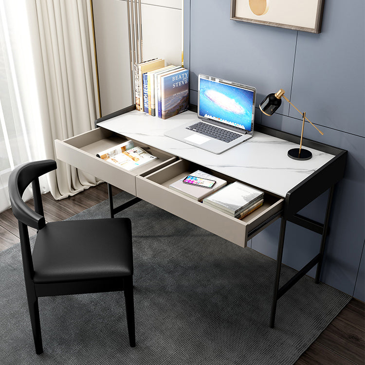 Modern Stone Rectangular Writing Desk 2-Drawers White Office Desk with H-Base Clearhalo 'furn' 'furn_office_desk' 'Furniture' 'Office Desks' 'Office Furniture' 'office_desk' 7169776