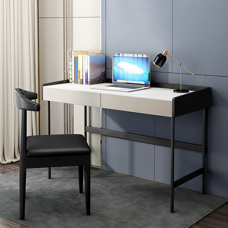 Modern Stone Rectangular Writing Desk 2-Drawers White Office Desk with H-Base Clearhalo 'furn' 'furn_office_desk' 'Furniture' 'Office Desks' 'Office Furniture' 'office_desk' 7169777