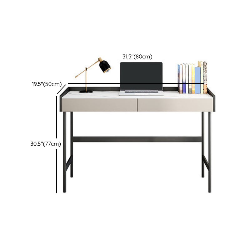 Modern Stone Rectangular Writing Desk 2-Drawers White Office Desk with H-Base Clearhalo 'furn' 'furn_office_desk' 'Furniture' 'Office Desks' 'Office Furniture' 'office_desk' 7169778