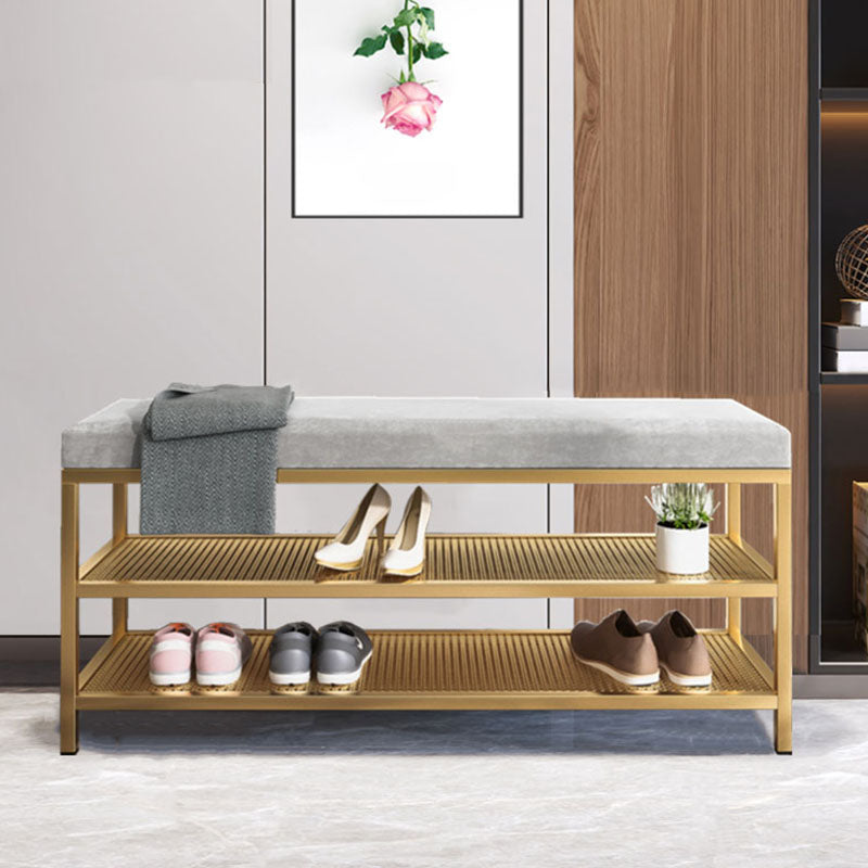 Glam Entryway Cushioned Bench Metal Seating Bench with Shoe Storage 47.2"L x 12.6"W x 18.1"H Grey Clearhalo 'Benches' 'Chairs & Seating' 'furn' 'furn_benches' 'Furniture' 'Living Room Furniture' 7171709