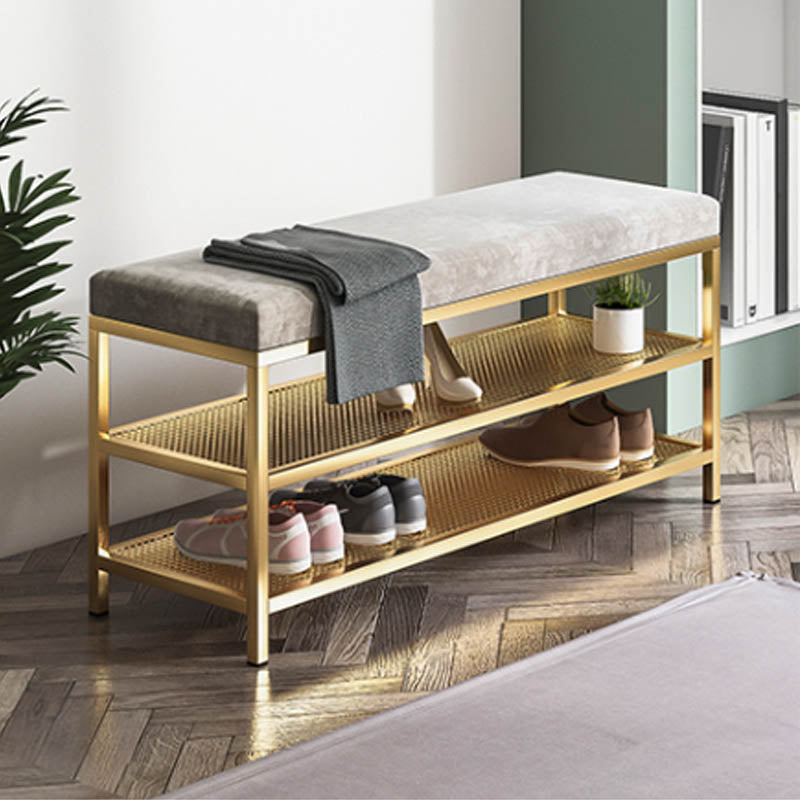 Glam Entryway Cushioned Bench Metal Seating Bench with Shoe Storage 31.5"L x 12.6"W x 18.1"H Grey Clearhalo 'Benches' 'Chairs & Seating' 'furn' 'furn_benches' 'Furniture' 'Living Room Furniture' 7171714