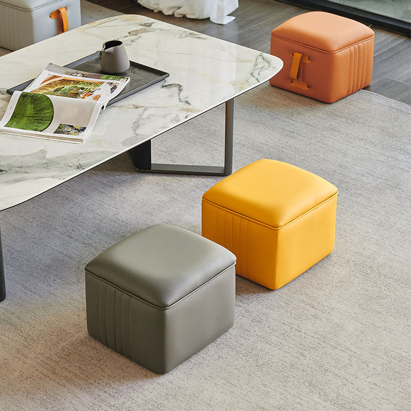 Glam Pouf Ottoman Genuine Leather Stain Resistant Upholstered Solid Color Square Ottoman