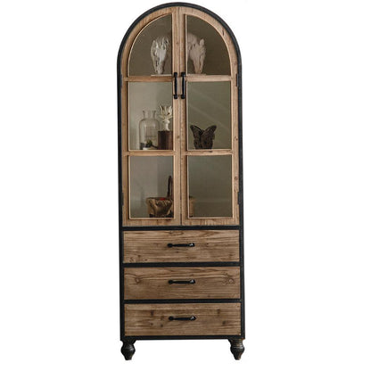 Industrial Style Solid Wood Chest Glass Paned Distressed Accent Cabinet