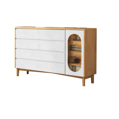 1-Door and 6-Drawer Chest Rubberwood 47.2" Wide Cabinet with Rattan Accent Natural Wood White Glass Clearhalo 'Cabinets & Chests' 'cabinets_chests' 'furn' 'furn_cabinets_chests' 'Furniture' 'Living Room Furniture' 7172648