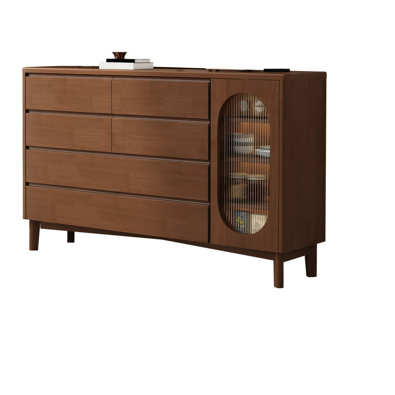 1-Door and 6-Drawer Chest Rubberwood 47.2" Wide Cabinet with Rattan Accent Walnut Glass Clearhalo 'Cabinets & Chests' 'cabinets_chests' 'furn' 'furn_cabinets_chests' 'Furniture' 'Living Room Furniture' 7172652