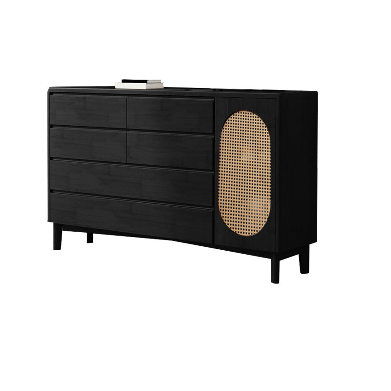 1-Door and 6-Drawer Chest Rubberwood 47.2" Wide Cabinet with Rattan Accent Black Wicker & Rattan Clearhalo 'Cabinets & Chests' 'cabinets_chests' 'furn' 'furn_cabinets_chests' 'Furniture' 'Living Room Furniture' 7172657