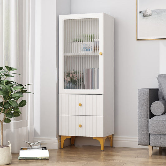 Contemporary Glass Paned Accent Cabinet 2 - Drawer Side Cabinet 15.7"L x 11.8"W x 47.2"H White 2