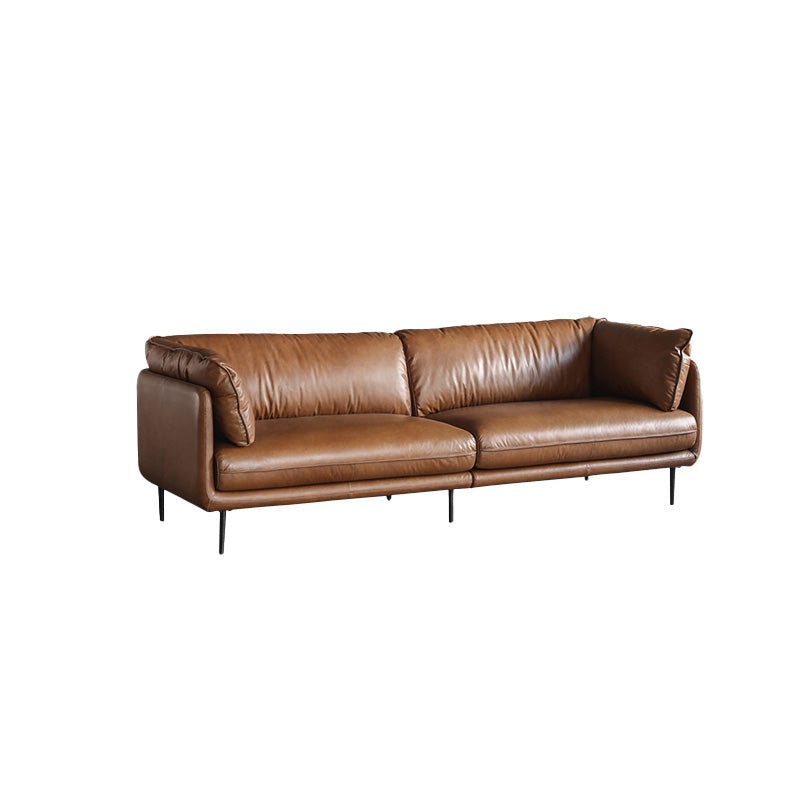 Faux Leather Sofa 31.49" High Tuxedo Arm Sofa with Loose Back 98"L x 39"W x 31.5"H Caramel Genuine Leather Clearhalo 'furn' 'furn_sofas' 'Furniture' 'Living Room Furniture' 'Sofa' 'sofas' 7173423