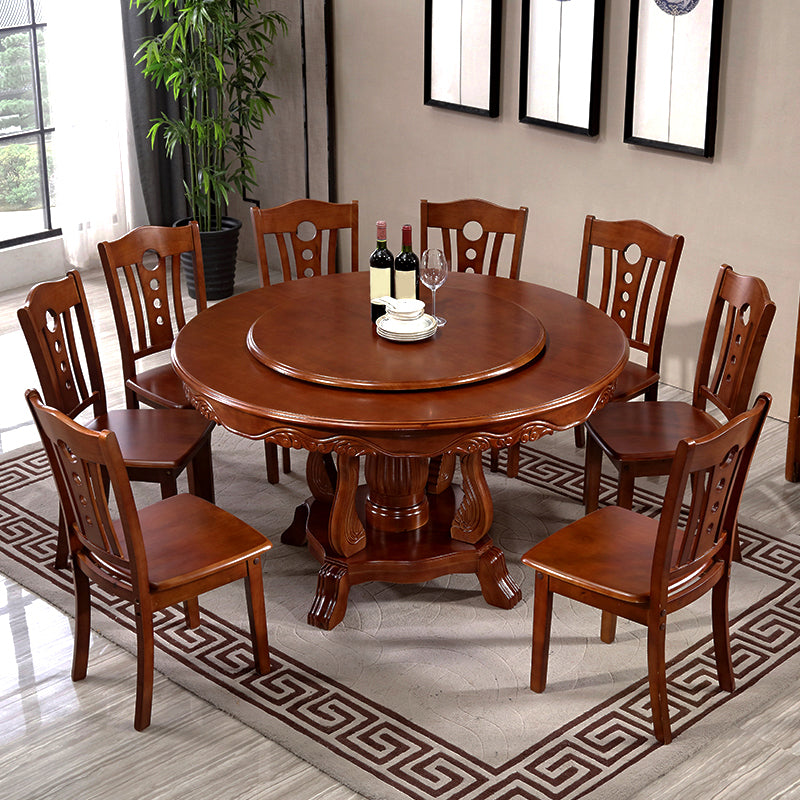 Brown Wood Dining Table for Home Rubberwood Dinette Table with Pedestal