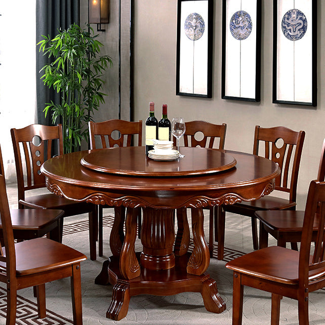 Brown Wood Dining Table for Home Rubberwood Dinette Table with Pedestal