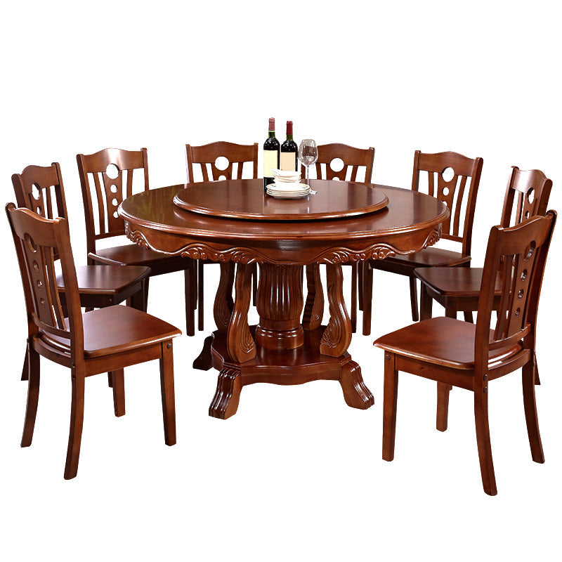 Brown Wood Dining Table for Home Rubberwood Dinette Table with Pedestal