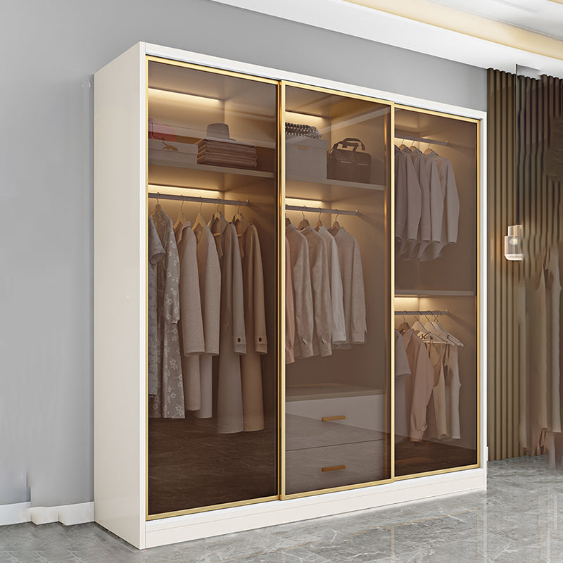 Modern Wit Wood Frame Garderobe Vrijstaande garderobe met schuifglazen deuren