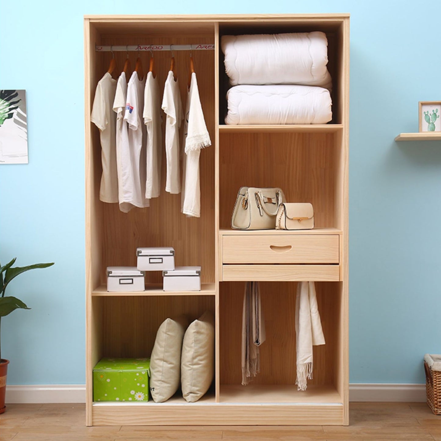 Modern Freestanding Wardrobe Pine Solid Wood Wardrobe with Drawer