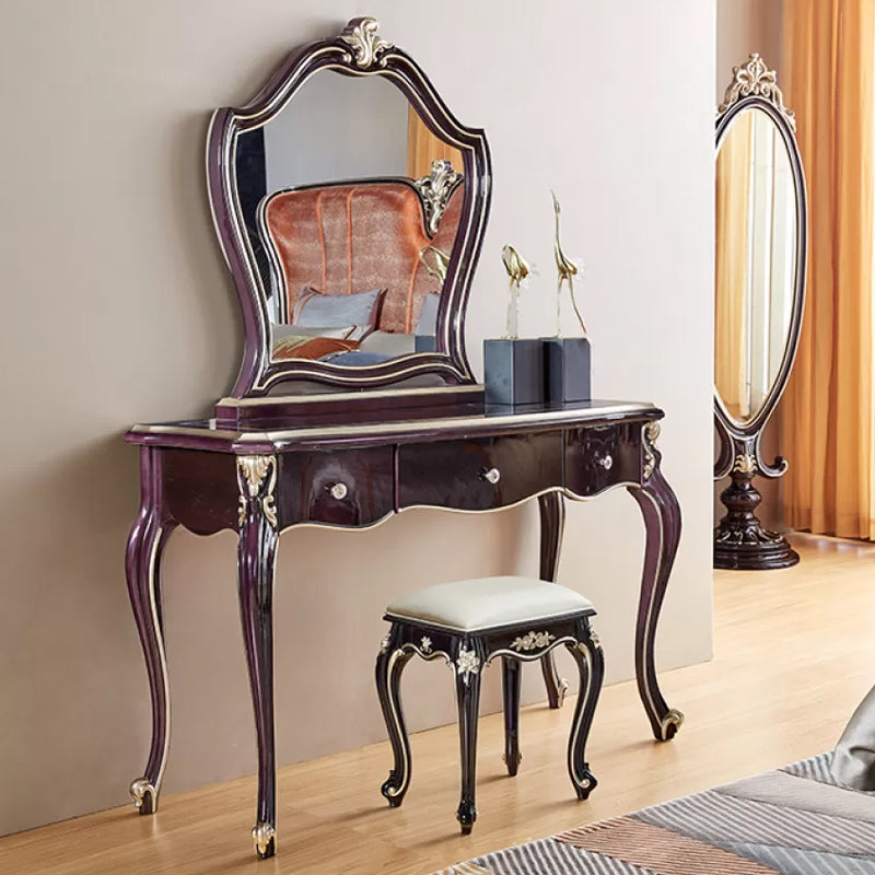 3-Drawers Mirror Table Dressing Table Victorian Solid Wood Make-up Vanity Makeup Vanity & Mirror & Stools Purple Clearhalo 'Bedroom Furniture' 'furn' 'furn_makeup_vanities' 'Furniture' 'Makeup Vanities' 'makeup_vanities' 7185929