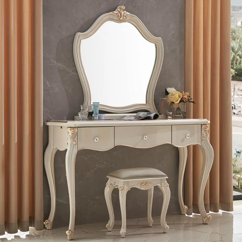 3-Drawers Mirror Table Dressing Table Victorian Solid Wood Make-up Vanity Makeup Vanity & Mirror & Stools Grey Clearhalo 'Bedroom Furniture' 'furn' 'furn_makeup_vanities' 'Furniture' 'Makeup Vanities' 'makeup_vanities' 7185931