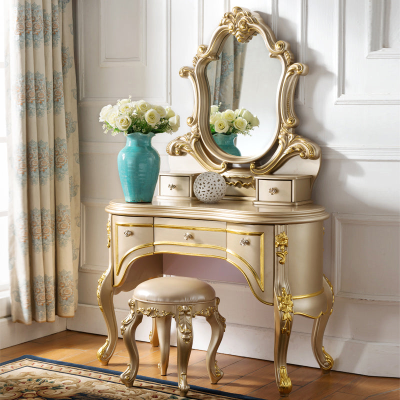 Mirror & 5 Drawers Makeup Vanity Dressing Table Solid Wood Dresser