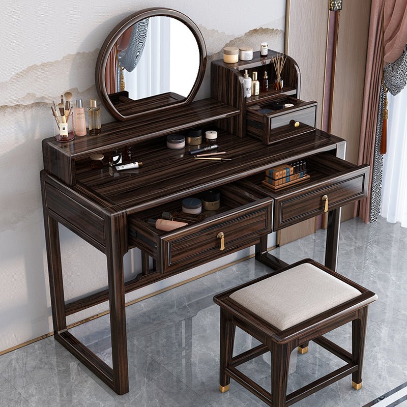 Solid Wood Vanity Set with Stool Set Brown Dresser with 3-Drawer and Mirror