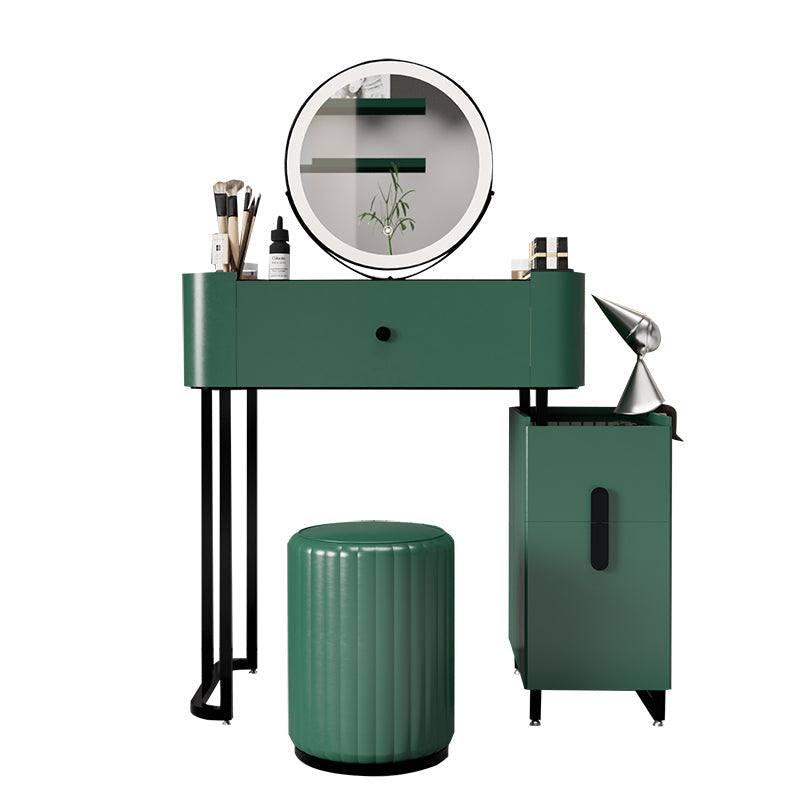 Copeador de maquillaje de cuero moderno de tocador moderno de mediados de siglo con espejo y taburetes