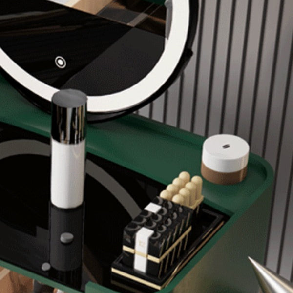 Copeador de maquillaje de cuero moderno de tocador moderno de mediados de siglo con espejo y taburetes