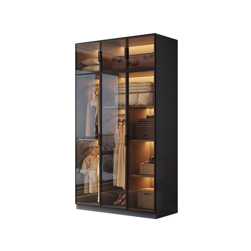 Freestanding Tempered Glass Wardrobe Modern Wardrobe with Garment Rod Armoire with Top Cabinet 47"L x 20"W x 79"H Clearhalo 'Armoires & Wardrobes' 'armoires_wardrobes' 'Bedroom Furniture' 'furn' 'furn_armoires_wardrobes' 'Furniture' 7212316