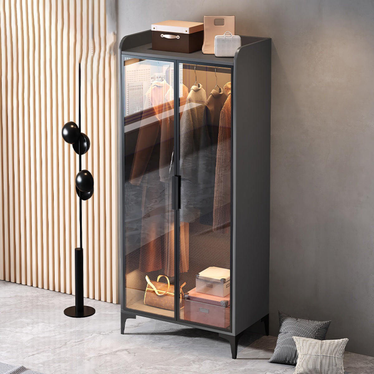 Contemporary Wood Frame Wardrobe Freestanding Wardrobe with Glass Doors Clearhalo 'Armoires & Wardrobes' 'armoires_wardrobes' 'Bedroom Furniture' 'furn' 'furn_armoires_wardrobes' 'Furniture' 7212412
