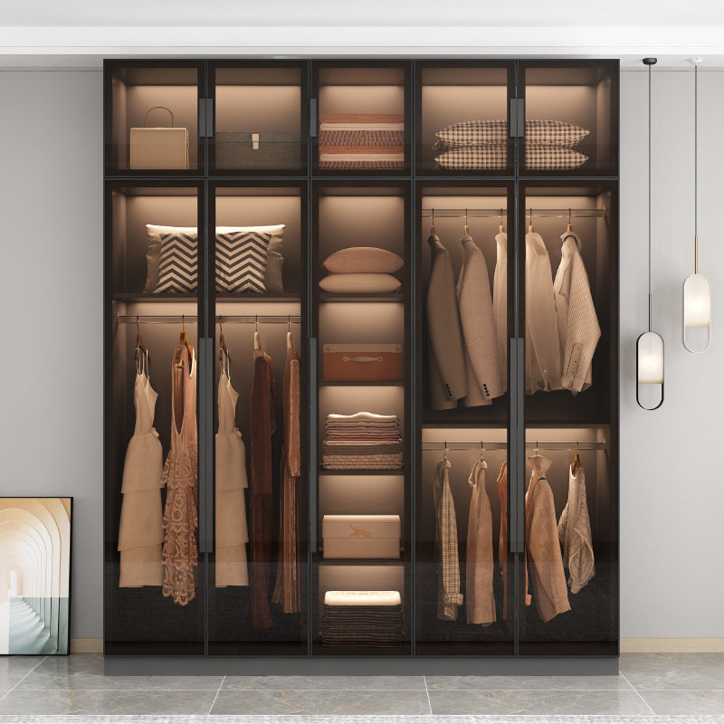 Freestanding Grey Wood Frame Wardrobe Modern Multifunctional Wardrobe with Glass Doors Clearhalo 'Armoires & Wardrobes' 'armoires_wardrobes' 'Bedroom Furniture' 'furn' 'furn_armoires_wardrobes' 'Furniture' 7213383