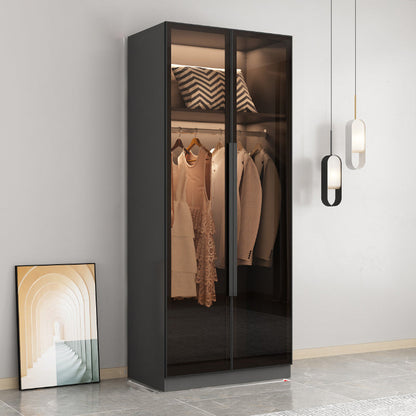 Freestanding Grey Wood Frame Wardrobe Modern Multifunctional Wardrobe with Glass Doors Armoire 31.5"L x 20"W x 77"H Clearhalo 'Armoires & Wardrobes' 'armoires_wardrobes' 'Bedroom Furniture' 'furn' 'furn_armoires_wardrobes' 'Furniture' 7213384