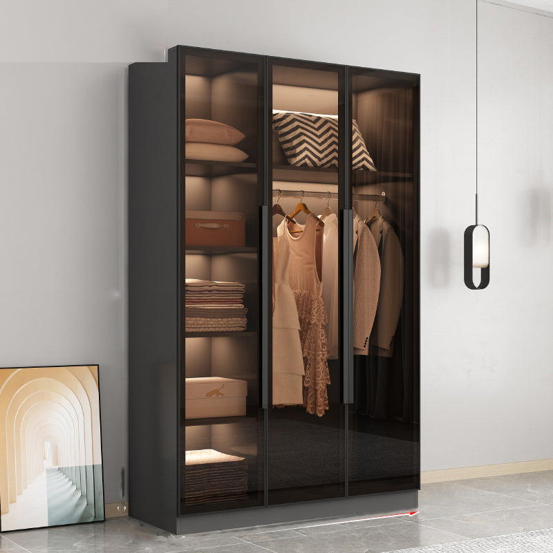 Freestanding Grey Wood Frame Wardrobe Modern Multifunctional Wardrobe with Glass Doors Armoire 47"L x 20"W x 77"H Clearhalo 'Armoires & Wardrobes' 'armoires_wardrobes' 'Bedroom Furniture' 'furn' 'furn_armoires_wardrobes' 'Furniture' 7213385