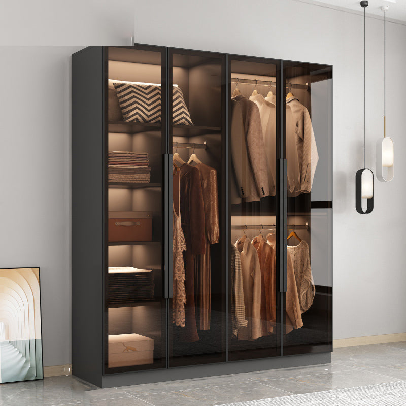 Freestanding Grey Wood Frame Wardrobe Modern Multifunctional Wardrobe with Glass Doors Armoire 62.99"L x 20"W x 77"H Clearhalo 'Armoires & Wardrobes' 'armoires_wardrobes' 'Bedroom Furniture' 'furn' 'furn_armoires_wardrobes' 'Furniture' 7213387