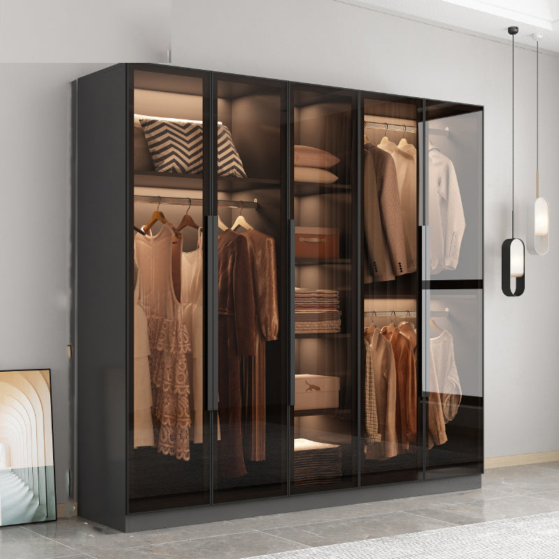Freestanding Grey Wood Frame Wardrobe Modern Multifunctional Wardrobe with Glass Doors Armoire 79"L x 20"W x 77"H Clearhalo 'Armoires & Wardrobes' 'armoires_wardrobes' 'Bedroom Furniture' 'furn' 'furn_armoires_wardrobes' 'Furniture' 7213389