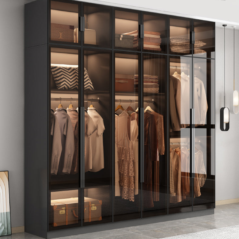 Freestanding Grey Wood Frame Wardrobe Modern Multifunctional Wardrobe with Glass Doors Clearhalo 'Armoires & Wardrobes' 'armoires_wardrobes' 'Bedroom Furniture' 'furn' 'furn_armoires_wardrobes' 'Furniture' 7213390