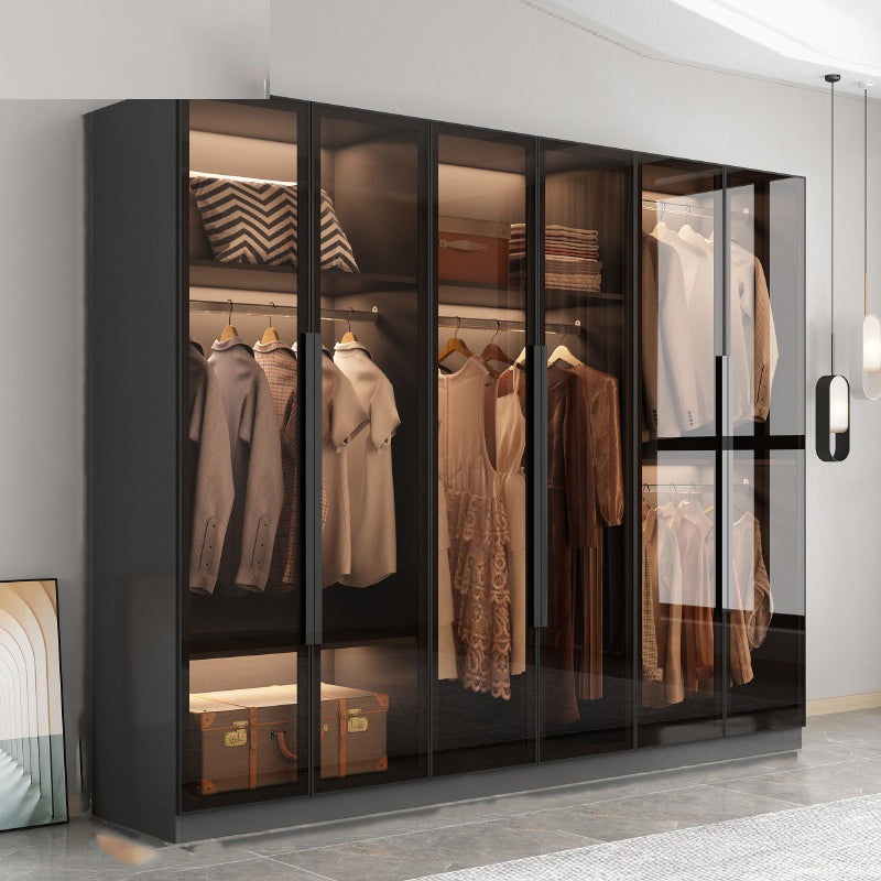 Freestanding Grey Wood Frame Wardrobe Modern Multifunctional Wardrobe with Glass Doors Armoire 94.5"L x 20"W x 77"H Clearhalo 'Armoires & Wardrobes' 'armoires_wardrobes' 'Bedroom Furniture' 'furn' 'furn_armoires_wardrobes' 'Furniture' 7213392