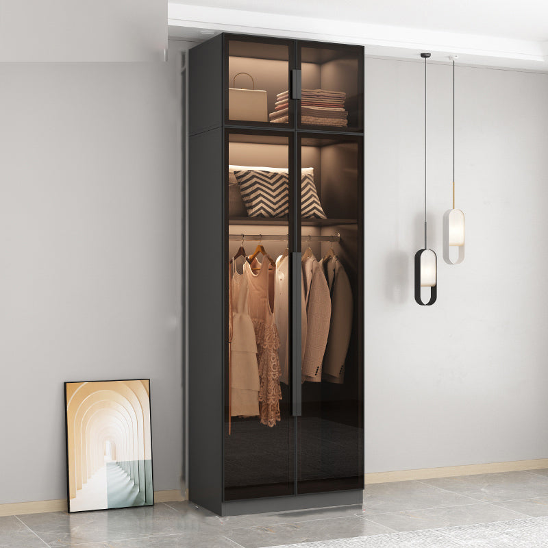 Freestanding Grey Wood Frame Wardrobe Modern Multifunctional Wardrobe with Glass Doors Armoire with Top Cabinet 31.5"L x 20"W x 77"H Clearhalo 'Armoires & Wardrobes' 'armoires_wardrobes' 'Bedroom Furniture' 'furn' 'furn_armoires_wardrobes' 'Furniture' 7213393