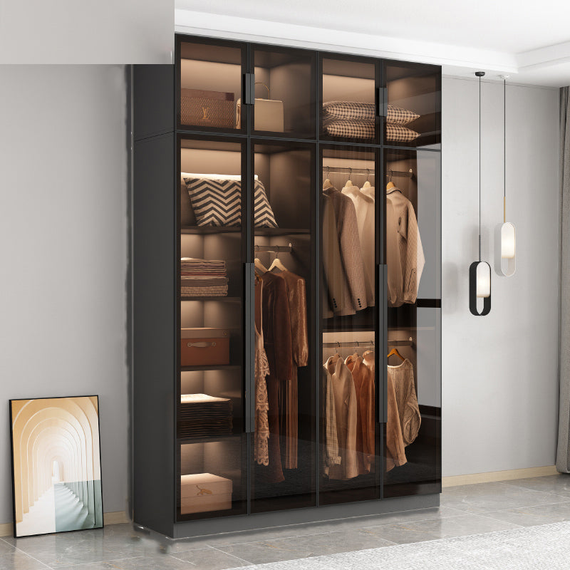 Freestanding Grey Wood Frame Wardrobe Modern Multifunctional Wardrobe with Glass Doors Armoire with Top Cabinet 62.99"L x 20"W x 77"H Clearhalo 'Armoires & Wardrobes' 'armoires_wardrobes' 'Bedroom Furniture' 'furn' 'furn_armoires_wardrobes' 'Furniture' 7213398