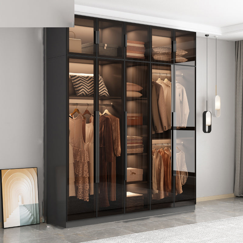 Freestanding Grey Wood Frame Wardrobe Modern Multifunctional Wardrobe with Glass Doors Armoire with Top Cabinet 79"L x 20"W x 77"H Clearhalo 'Armoires & Wardrobes' 'armoires_wardrobes' 'Bedroom Furniture' 'furn' 'furn_armoires_wardrobes' 'Furniture' 7213400