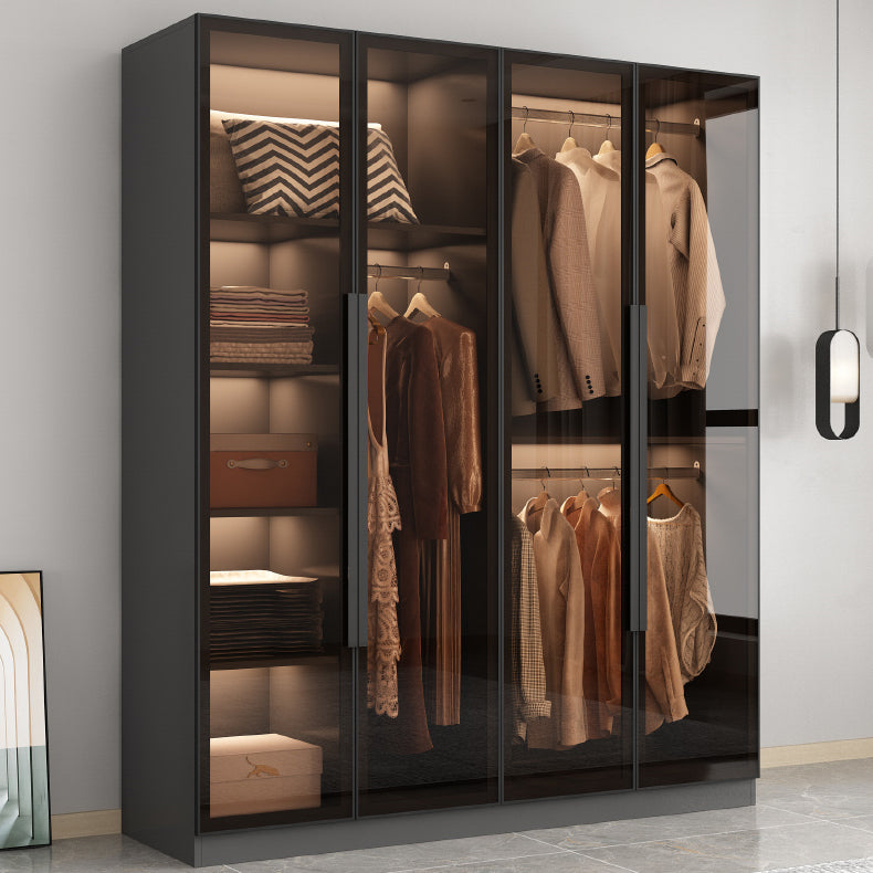 Freestanding Grey Wood Frame Wardrobe Modern Multifunctional Wardrobe with Glass Doors Clearhalo 'Armoires & Wardrobes' 'armoires_wardrobes' 'Bedroom Furniture' 'furn' 'furn_armoires_wardrobes' 'Furniture' 7213402