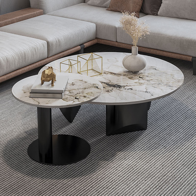 Round Coffee Table in Black Luxurious Stone Top Cocktail Table 31.5"L x 31.5"W x 16"H + 20"L x 20"W x 20"H Clearhalo 'Coffee & Accent Tables' 'Coffee Tables' 'coffee_tables' 'furn' 'furn_coffee_tables' 'Furniture' 'Living Room Furniture' 7219250
