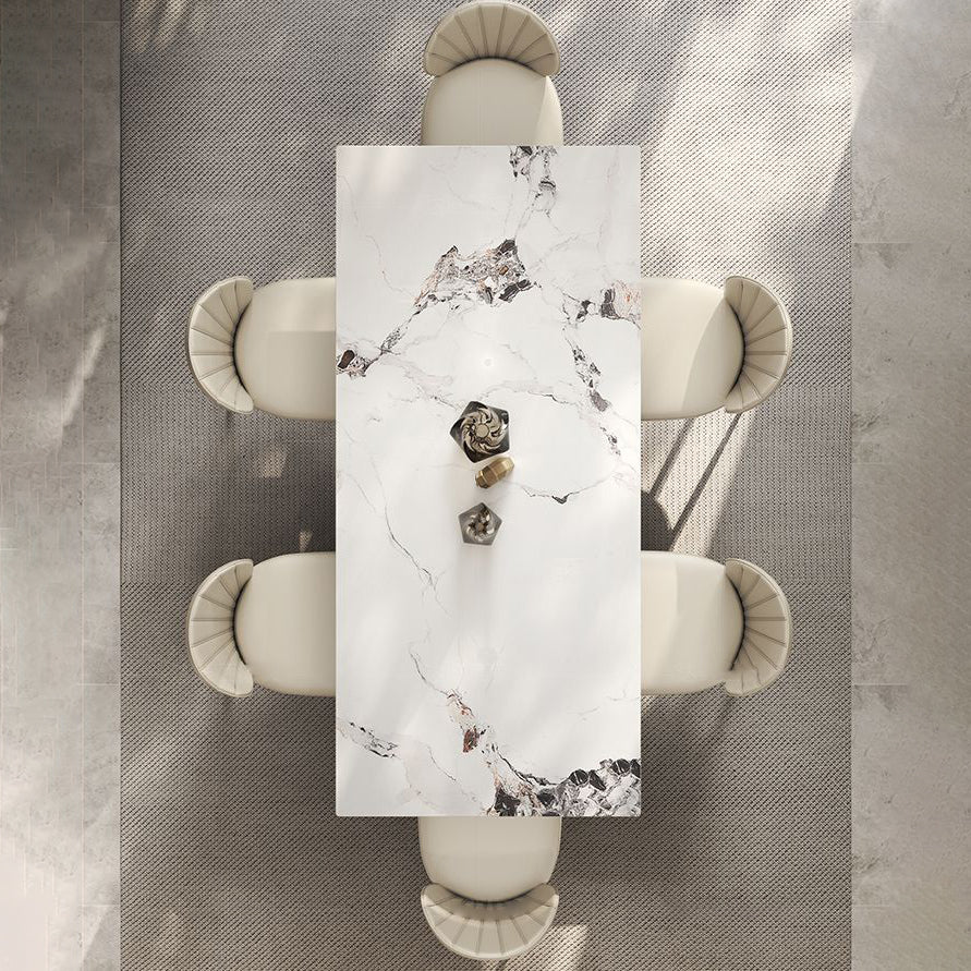 Nordic Style 1/4/5/7 Pieces Furniture Rectangle Stone Dining Table Set in White 7 Pieces: Table, 6 Chairs Clearhalo 'Dining Room Sets' 'Dining Tables & Seating' 'dining_room_set' 'furn' 'furn_dining_room_set' 'Furniture' 'Kitchen & Dining Furniture' 7224121