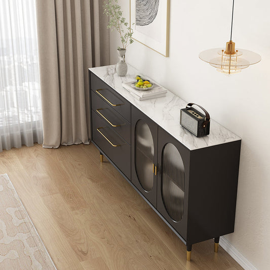 Moderno server da pranzo in legno ingegnerizzato a buffet nero con cassetti e archiviazione