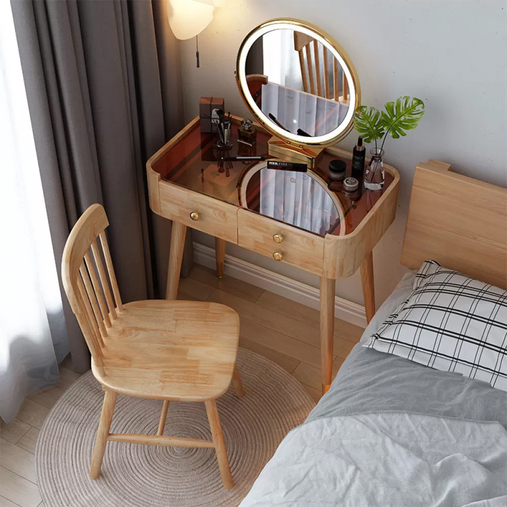 Modern Drawers Dressing Table Solid Wood Dresser Mirrored Vanity Set Makeup Vanity & Mirror & Stools 31"L x 16"W x 30"H Tight Back Clearhalo 'Bedroom Furniture' 'furn' 'furn_makeup_vanities' 'Furniture' 'Makeup Vanities' 'makeup_vanities' 7225074