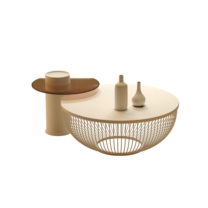 Modern Round Drum Coffee Table Metal Cocktail Table in White 24"L x 24"W x 13"H+20"L x 20"W x 16"H Wood Clearhalo 'Coffee & Accent Tables' 'Coffee Tables' 'coffee_tables' 'furn' 'furn_coffee_tables' 'Furniture' 'Living Room Furniture' 7225492