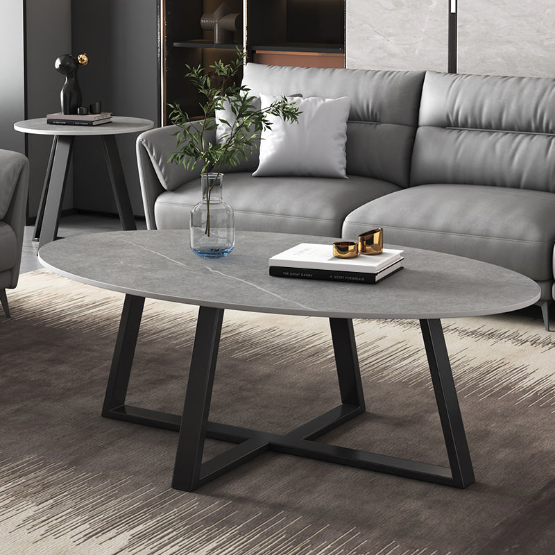 Slate Oval Coffee Table Cross Legs Single Table for Living Room Black Gray Clearhalo 'Coffee & Accent Tables' 'Coffee Tables' 'coffee_tables' 'furn' 'furn_coffee_tables' 'Furniture' 'Living Room Furniture' 7230714