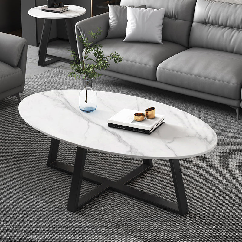 Slate Oval Coffee Table Cross Legs Single Table for Living Room Black White Clearhalo 'Coffee & Accent Tables' 'Coffee Tables' 'coffee_tables' 'furn' 'furn_coffee_tables' 'Furniture' 'Living Room Furniture' 7230715