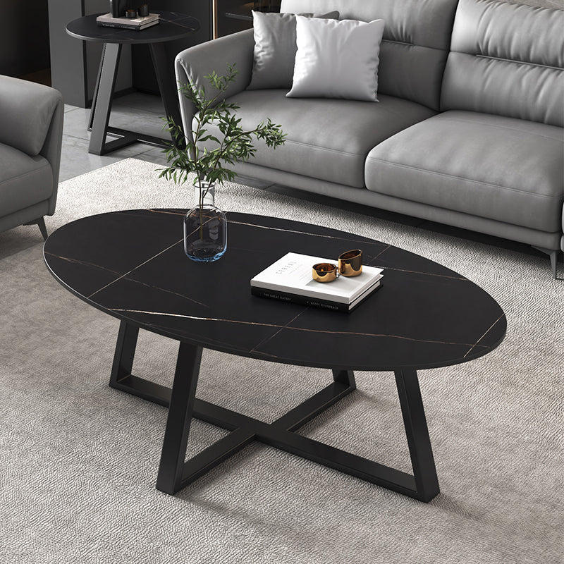 Slate Oval Coffee Table Cross Legs Single Table for Living Room Black Black Clearhalo 'Coffee & Accent Tables' 'Coffee Tables' 'coffee_tables' 'furn' 'furn_coffee_tables' 'Furniture' 'Living Room Furniture' 7230717