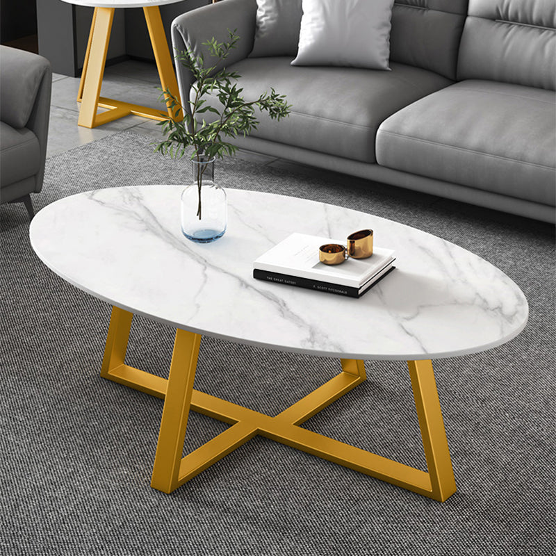 Slate Oval Coffee Table Cross Legs Single Table for Living Room Gold White Clearhalo 'Coffee & Accent Tables' 'Coffee Tables' 'coffee_tables' 'furn' 'furn_coffee_tables' 'Furniture' 'Living Room Furniture' 7230719