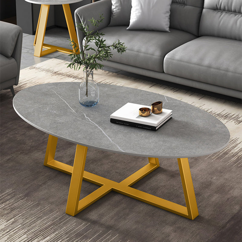 Slate Oval Coffee Table Cross Legs Single Table for Living Room Gold Gray Clearhalo 'Coffee & Accent Tables' 'Coffee Tables' 'coffee_tables' 'furn' 'furn_coffee_tables' 'Furniture' 'Living Room Furniture' 7230721